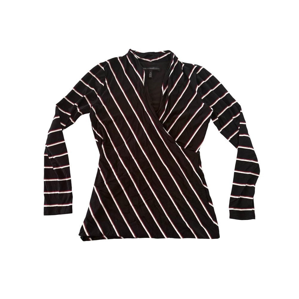White House Black Market Striped Wrap Top XS Black White Red Long Sleeve